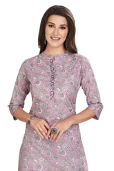 Floral Printed Cotton Straight Cut Kurti with Collar and Embroidered Button Band